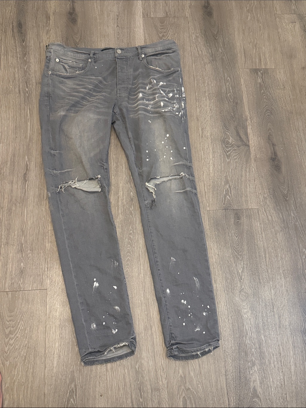 Purple Men's Distressed Gray Paint-Splatter Jeans